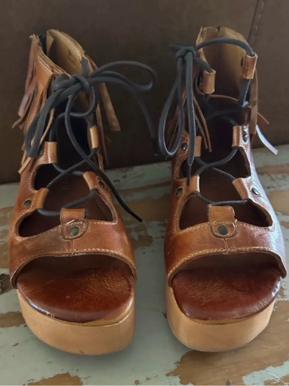 Rare BED STU Sandals MADISON Boho Platform Cognac Fringe Size 7.5